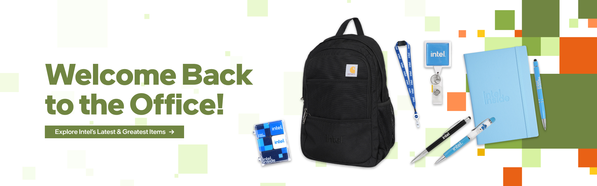 Welcome Back to the Office! Explore Intel's latest and greatest items. Banner features variety of Intel branded office items.